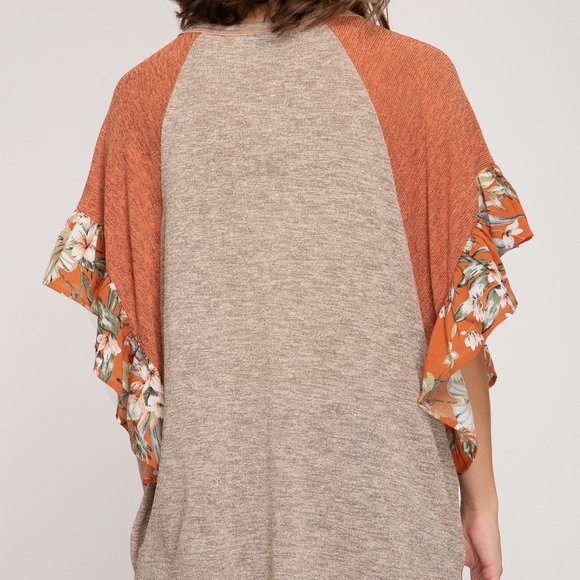 Coral Dolman Ruffle sleeve v-neck blouse - Picture 2 of 3